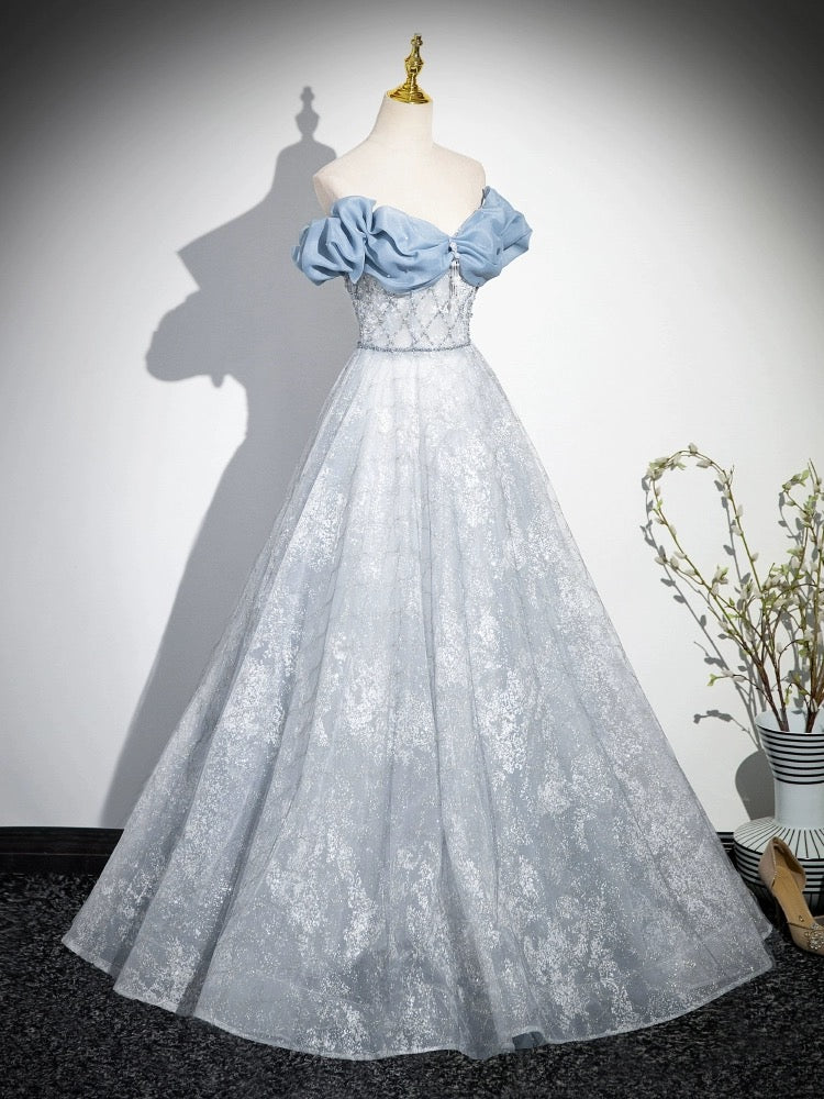 A-Line Off Shoulder Tulle Lace Beads Blue Long Prom Dress, Blue Long Formal Dress - Deanwangkt