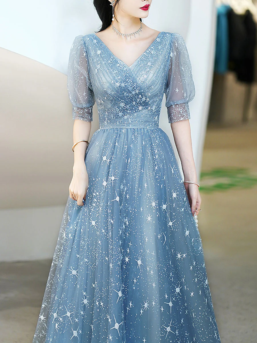 Simple V Neck Tulle Star Blue Long Prom Dress, Blue Formal Bridesmaid Dresses - Deanwangkt
