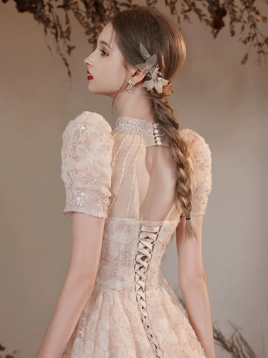 A-Line High Neck Lace Champagne Long Prom Dress with Beads - Deanwangkt