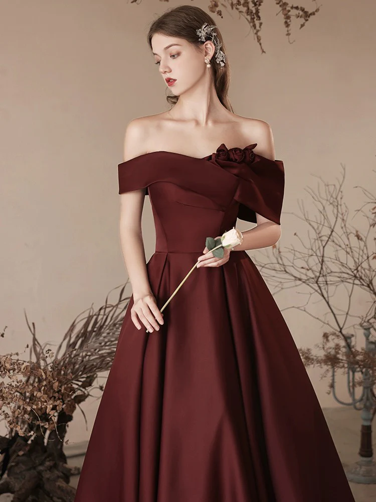 A-Line off Shoulder Satin Dark Burgundy Long Prom Dress, Satin Long Formal Dress - Deanwangkt