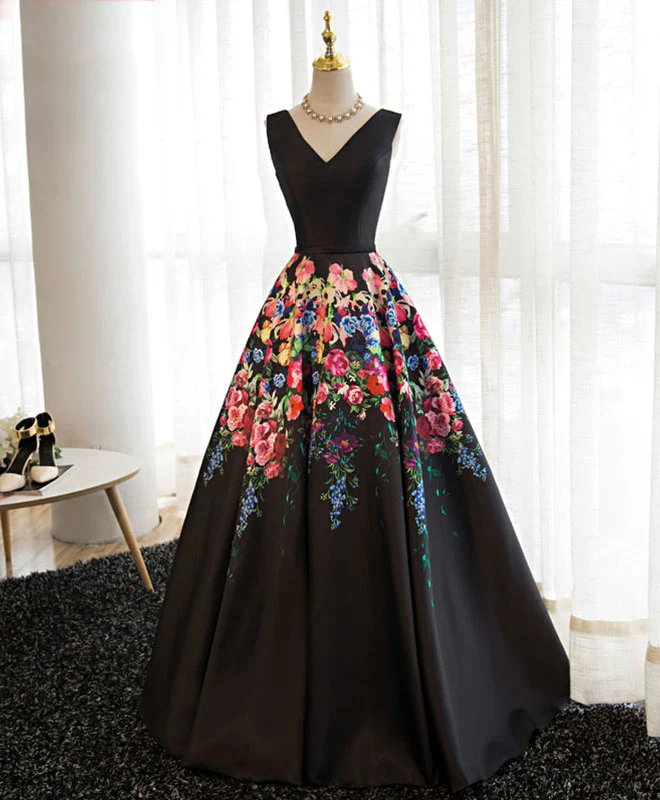 Black V Neck Floral Patterns Long Prom Dress, Black Evening Dress - Deanwangkt