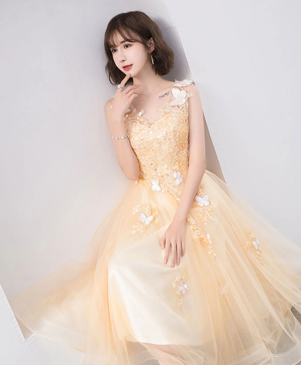 Champagne Lace Tulle Short Prom Dress, Champagne Lace Homecoming Dress - Deanwangkt