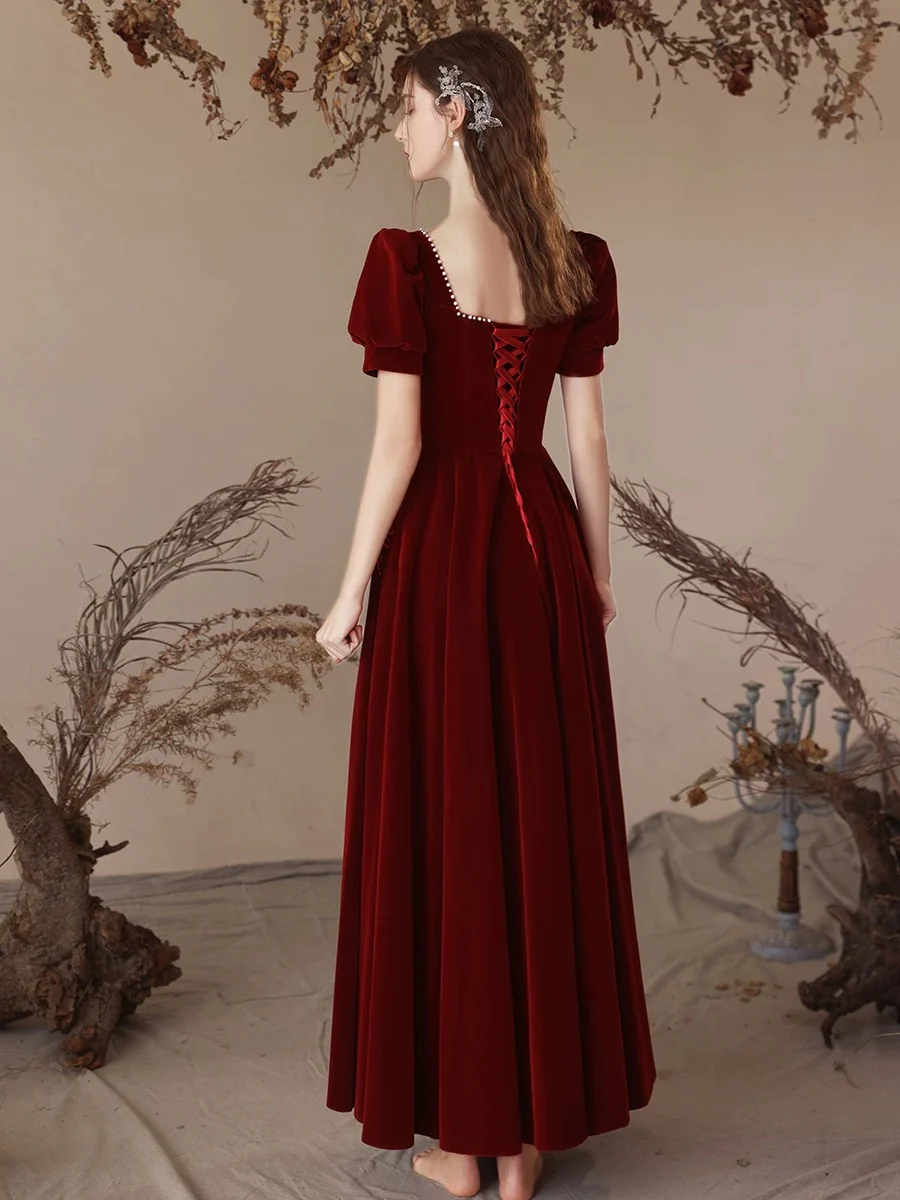 A-Line Velvet Burgundy Long Prom Dress, Burgundy Long Formal Dress - Deanwangkt
