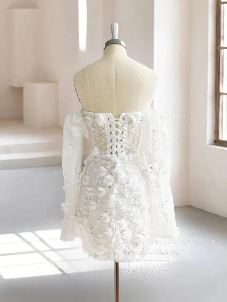 White Long Sleeve Tulle 3D Flower Short Prom Dress, White Homecoming Dress - Deanwangkt