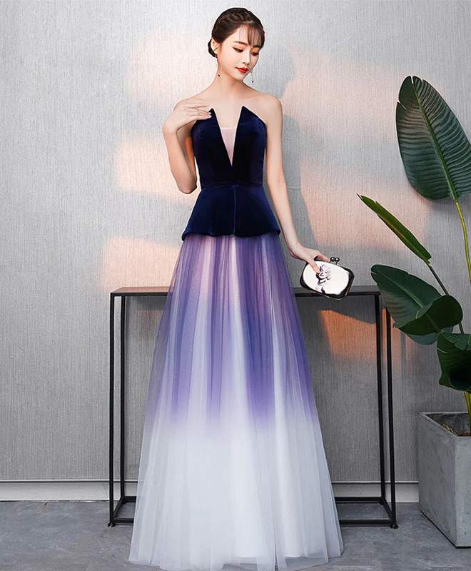 Simple V Neck Tulle Purple Long Prom Dress, Purple Evening Dress - Deanwangkt