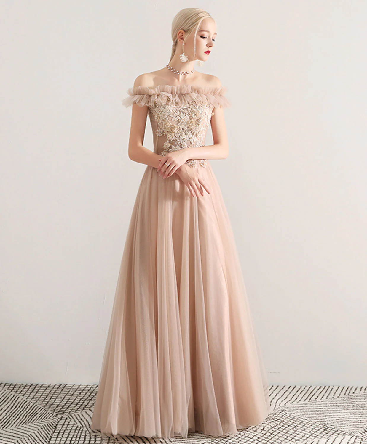 Champagne Tulle Lace Long Prom Dress, Champagne Tulle Evening Dress - Deanwangkt
