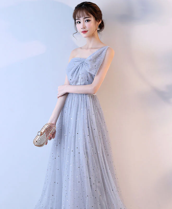 Cute Gray One Shoulder Long Prom Dress, Evening Dress - Deanwangkt