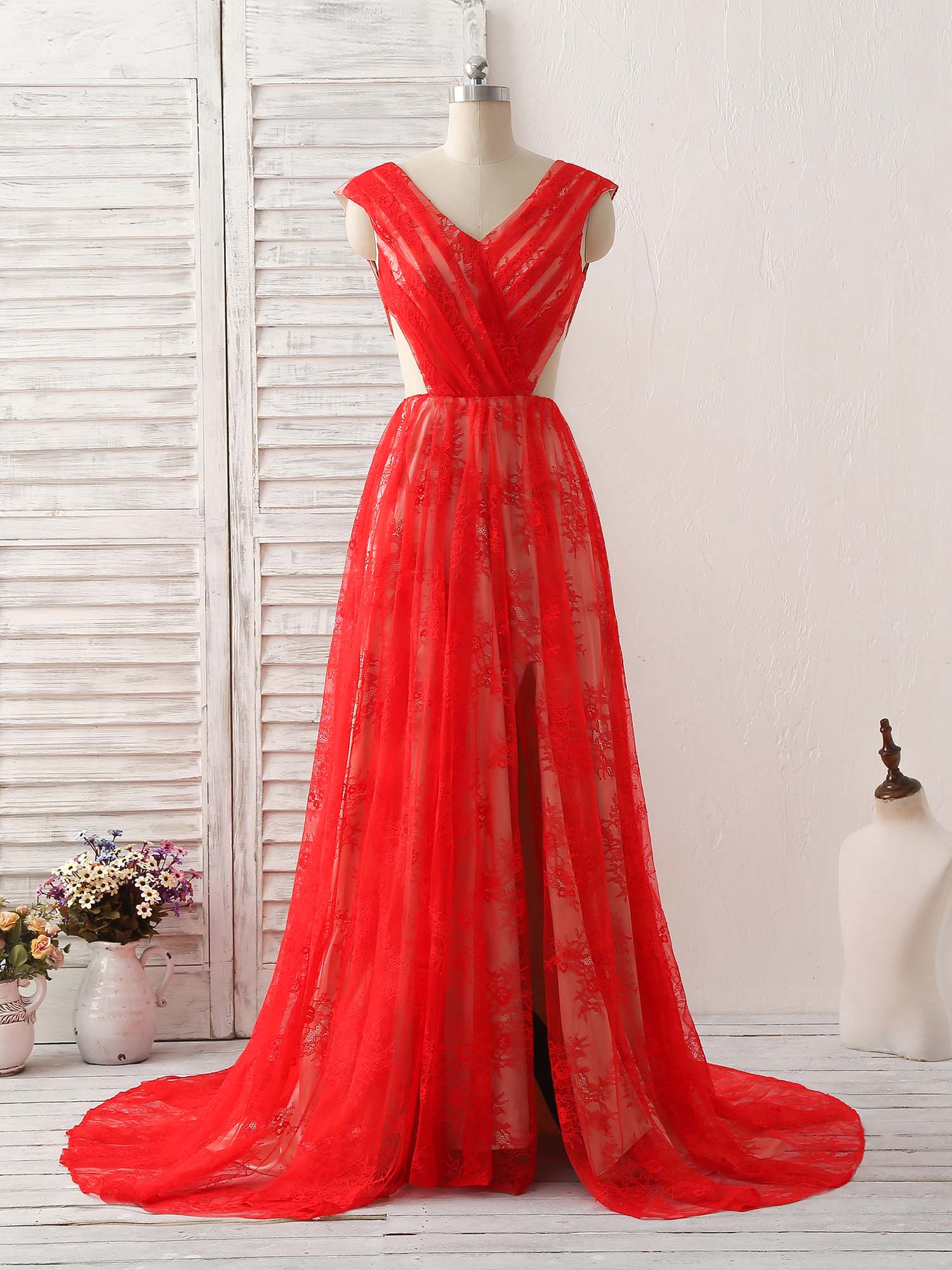 Red V Neck Lace Long Prom Dress, Lace Evening Dress - Deanwangkt