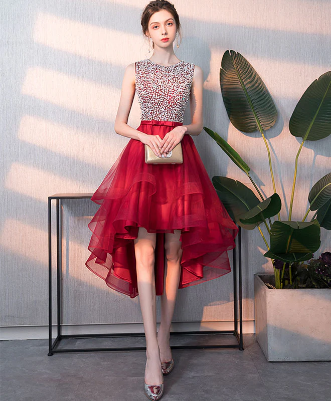 Burgundy Tulle Round Neck Sequin Short Prom Dress, Burgundy Homecoming Dress - Deanwangkt