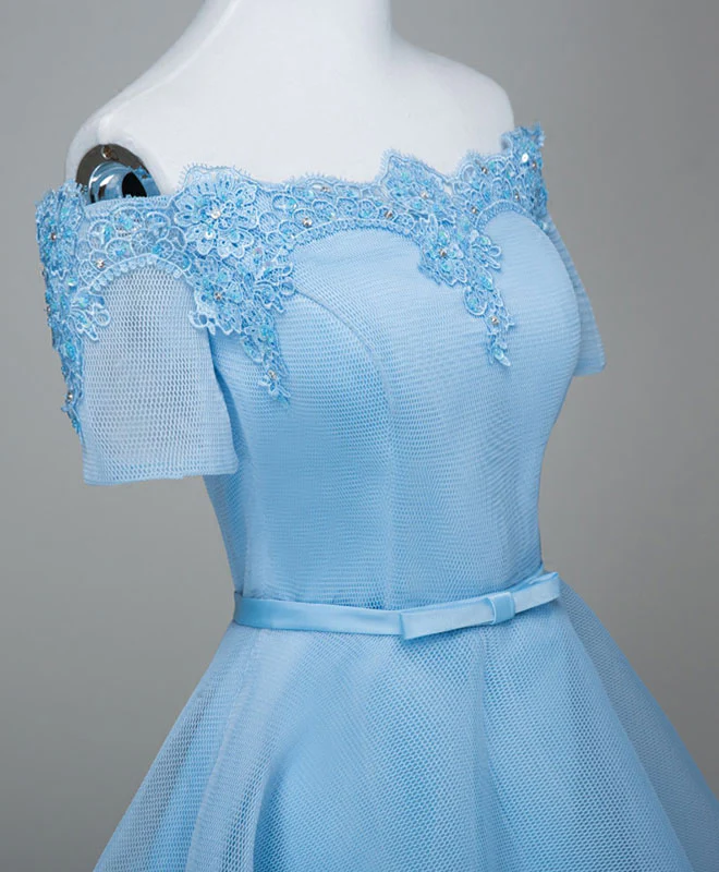 Blue A-Line Tulle Short Sleeve Lace Short Prom Dress, Blue Cute Homecoming Dress - Deanwangkt
