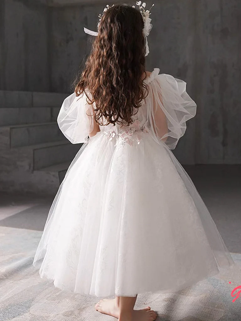 Puff Sleeves Tulle Tea Length White Flower Girl Dress - Deanwangkt
