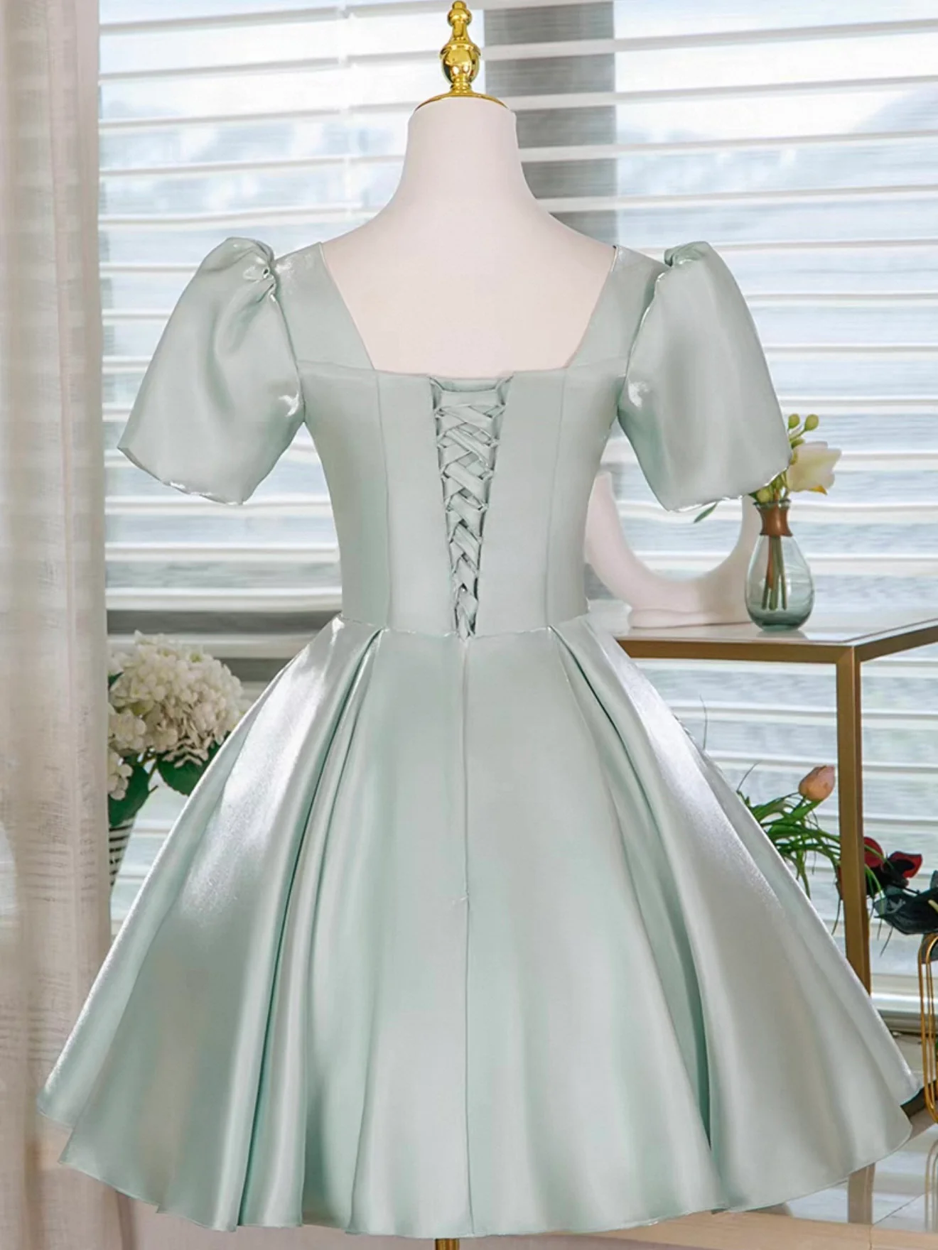 Light Green Satin Lace Applique Short Prom Dress, Cute Homecoming Dress - Deanwangkt