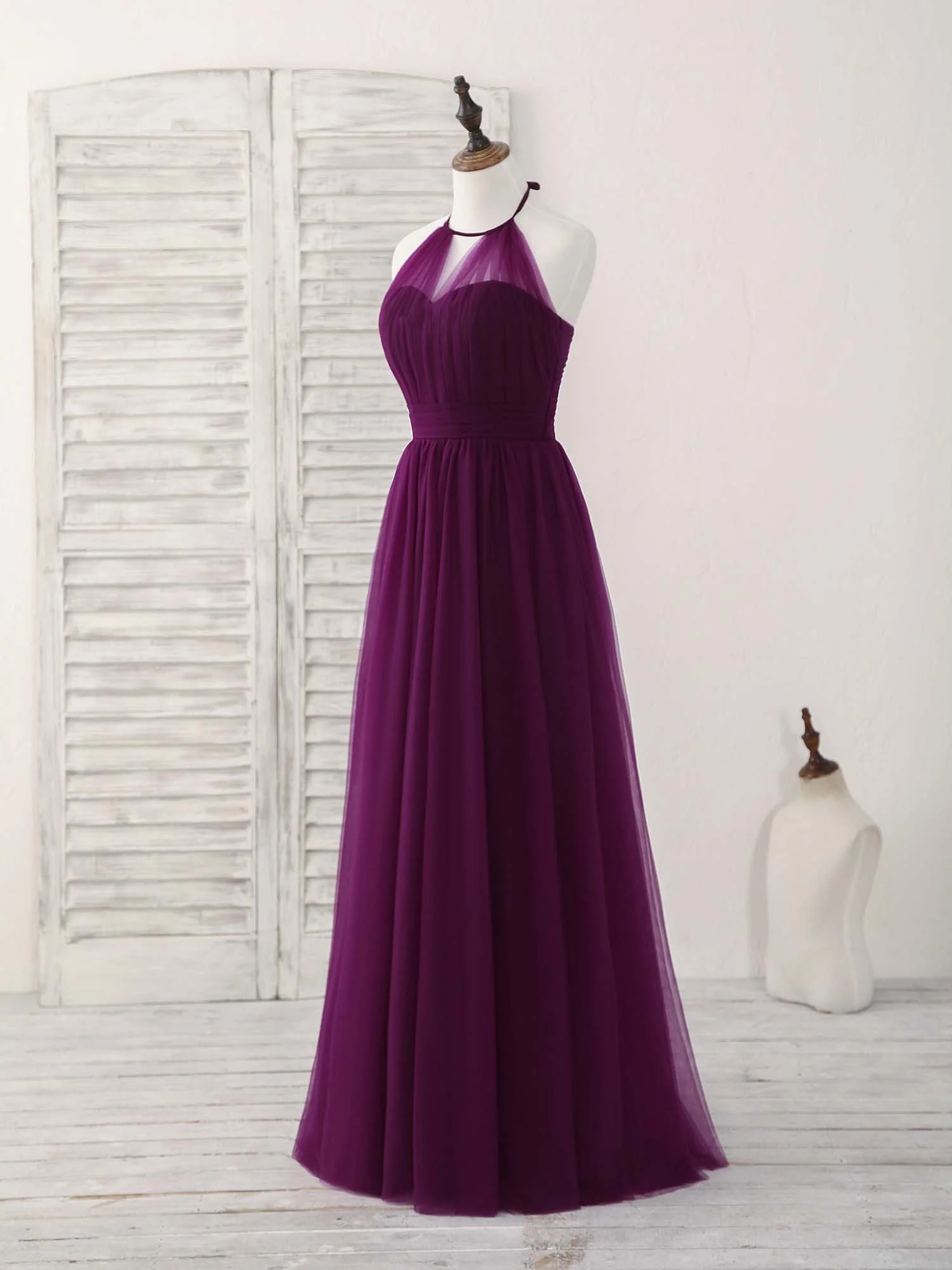 Simple Tulle A-Line Purple Long Prom Dress, Bridesmaid Dress - Deanwangkt