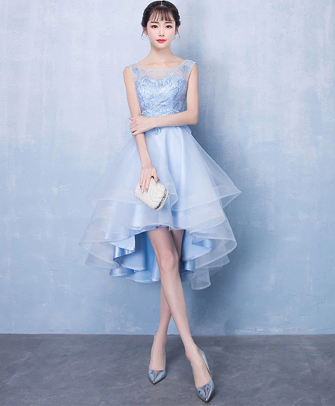 Blue Scoop Neck Tulle Short Prom Dresses, A line Blue Homecoming Dresses - Deanwangkt