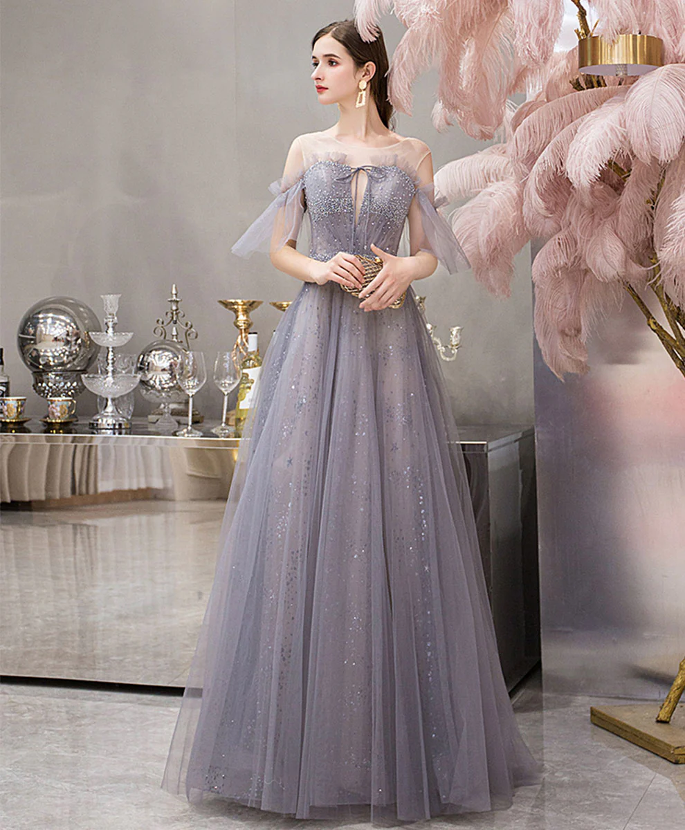 Blue Round Neck Tulle Sequin Long Prom Dress, Blue Evening Dress - Deanwangkt