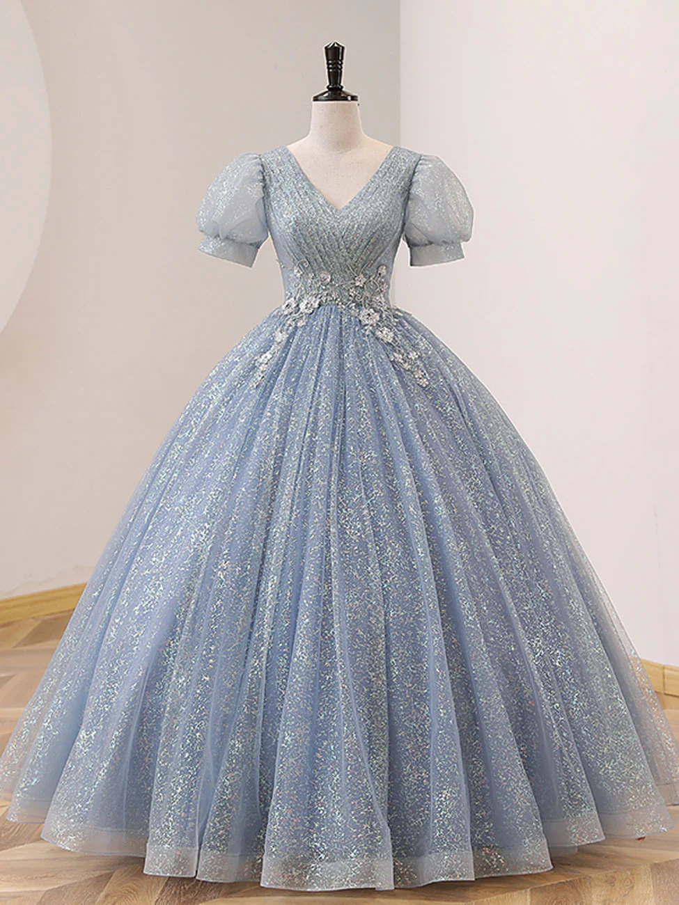 V Neck Tulle Sequin Gray Blue Long Prom Dress, Gray Blue Formal Sweet 16 Dress - Deanwangkt