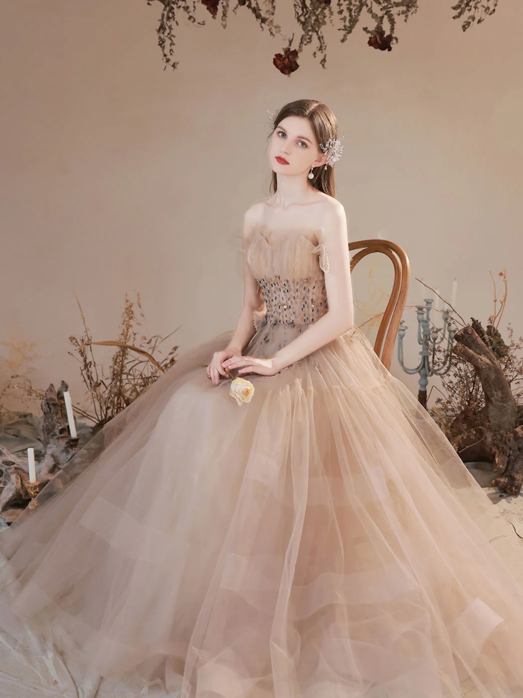 A Line Champagne Long Prom Dresses, Champagne Formal Graduation Dress With Beading sequin - Deanwangkt