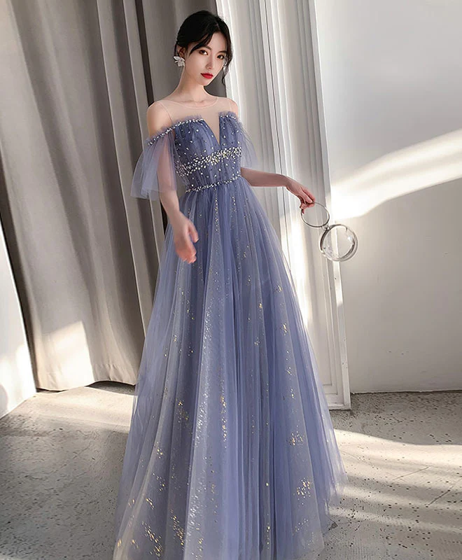 Blue Tulle Lace Long Prom Dress Blue Tulle Lace Evening Dress - Deanwangkt