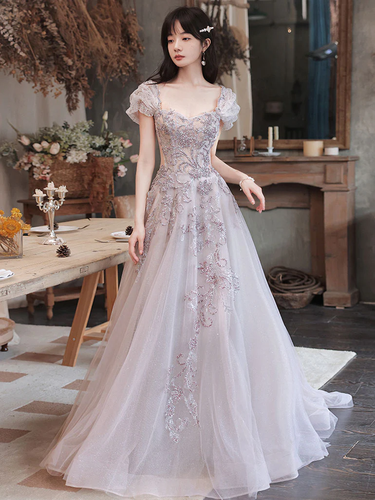 Elegant Tulle Sequin Beads Long Prom Dress Tulle Formal Dress - Deanwangkt
