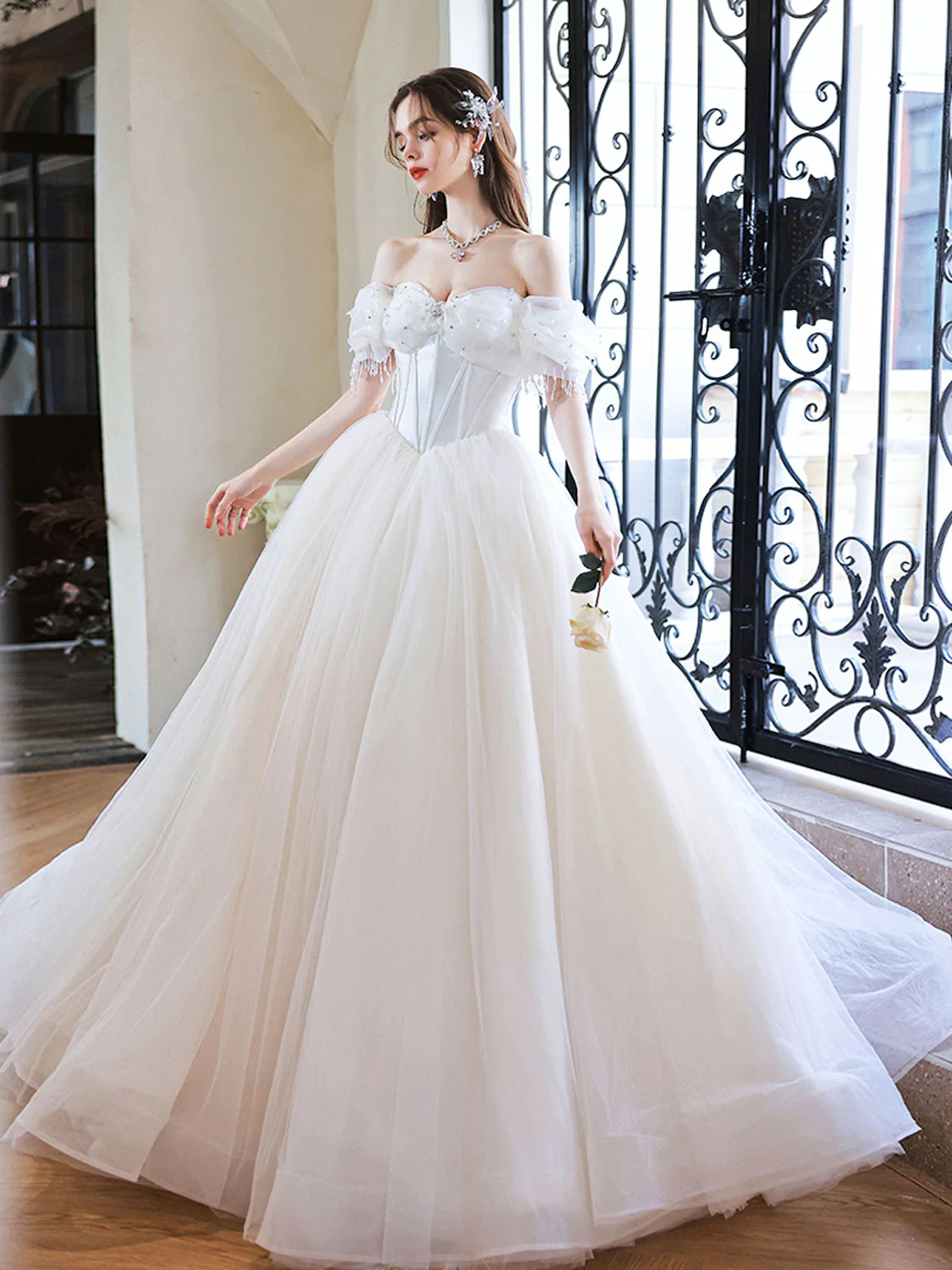 Cute Sweetheart Neck Light Champagne Long Prom Dress, Tulle Sweet 16 Dress with Beading - Deanwangkt