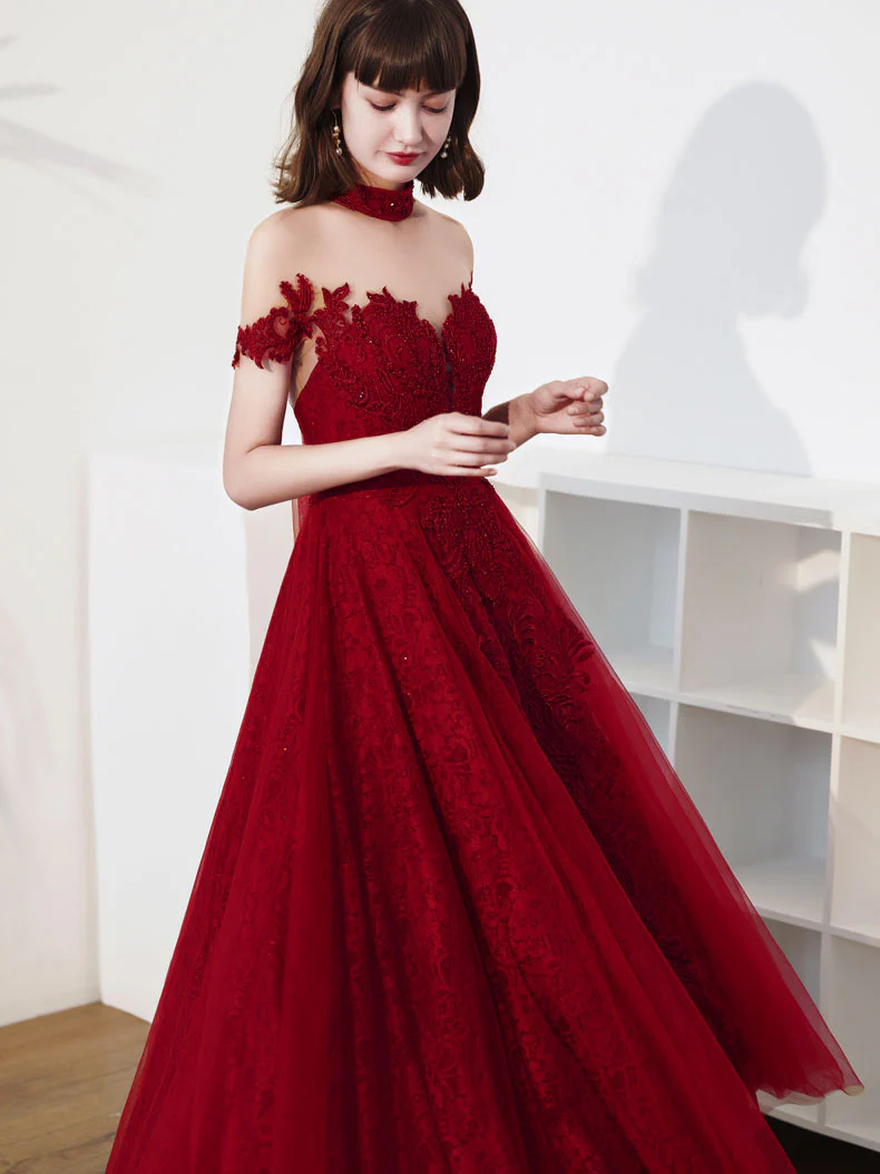 Burgundy Tulle Lace Tea Length Prom Dress, Burgundy Evening Dress - Deanwangkt
