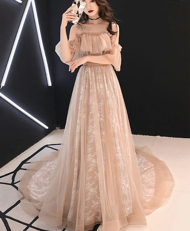 Champagne Tulle Lace Long Prom Dress Champagne Tulle Lace Formal Dress - Deanwangkt