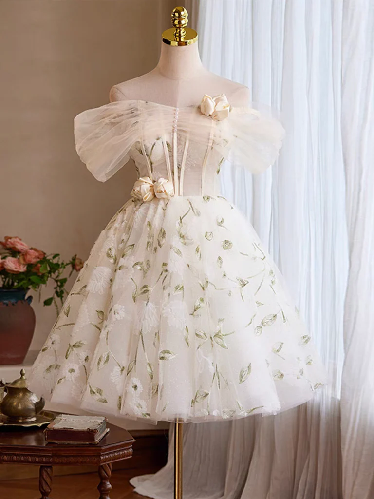 A-Line Tulle Off Shoulder Lace Light Champagne Short Prom Dress, Cute Homecoming Dress - Deanwangkt