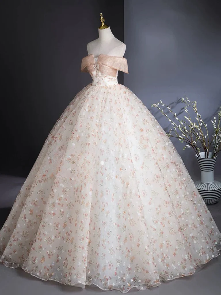 A-Line Off Shoulder Tulle Lace Champagne Long Prom Dress - Deanwangkt