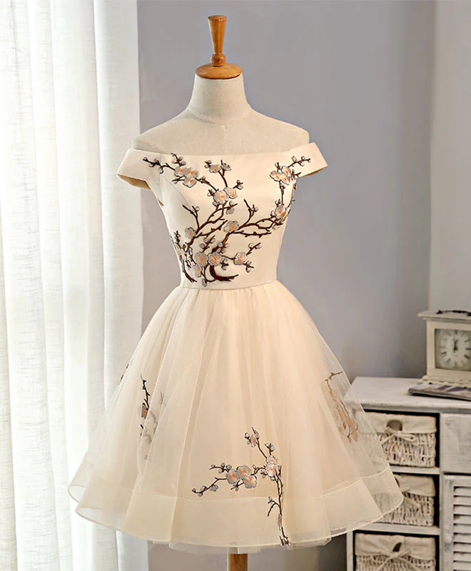 Champagne A-Line Tulle Short Prom Dress, Homecoming Dress - Deanwangkt