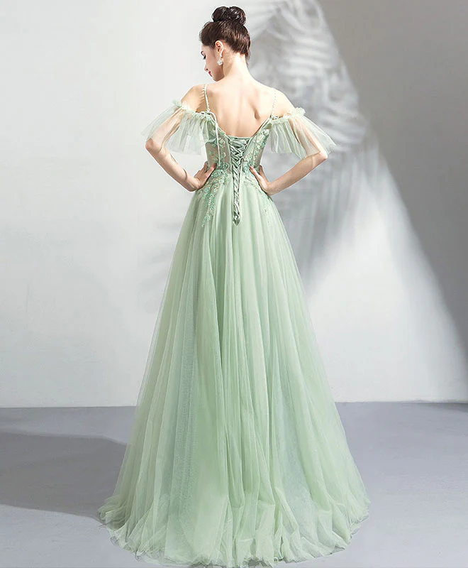 Green Tulle Off Shoulder Long Prom Dress, Green Tulle Evening Dress - Deanwangkt