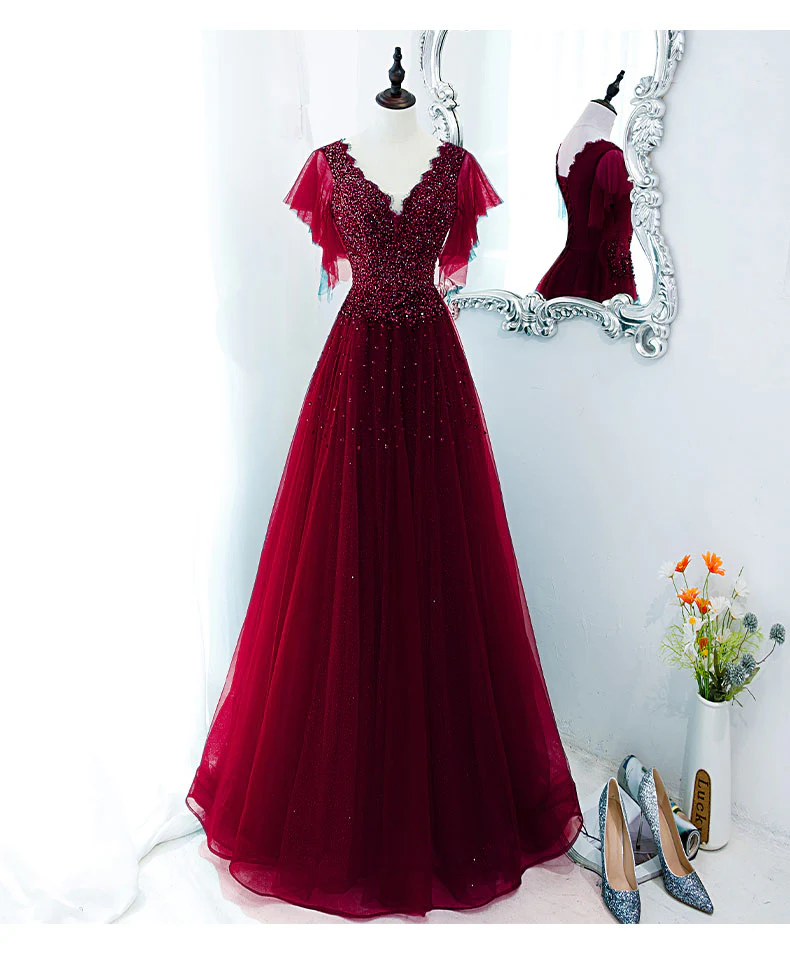 Green V Neck Sequin Beads Long Prom Dress, Green Formal Bridesmaid Dresses - Deanwangkt