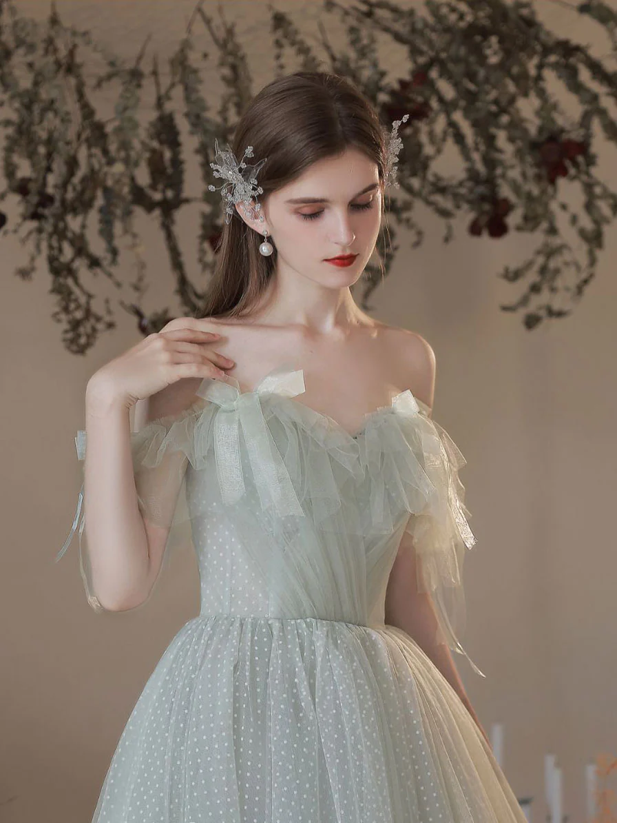 Green A Line Tulle Long Prom Dresses, Green Formal Graduation Dress - Deanwangkt