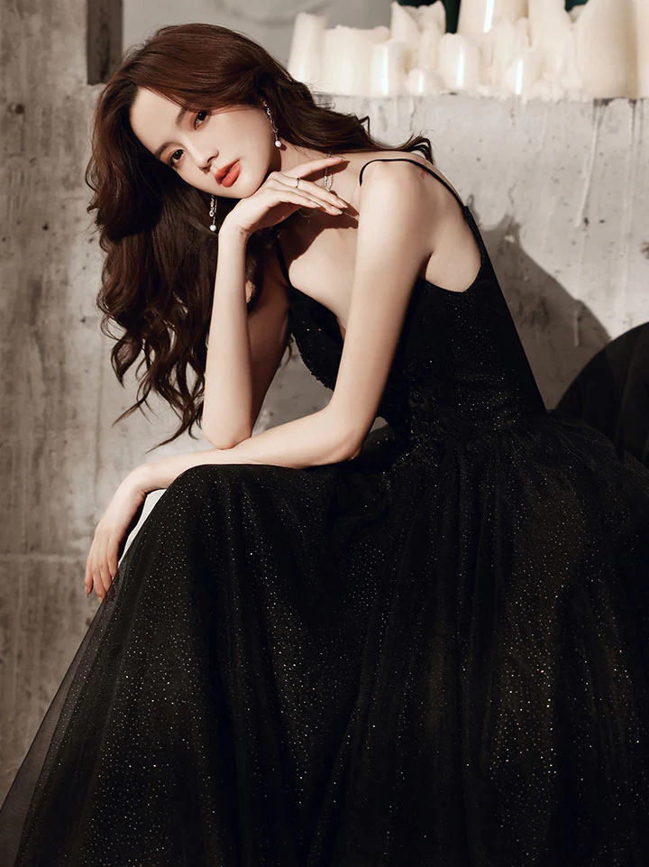 Black V Neck Tulle Lace Long Prom Dress Black Evening Dress - Deanwangkt