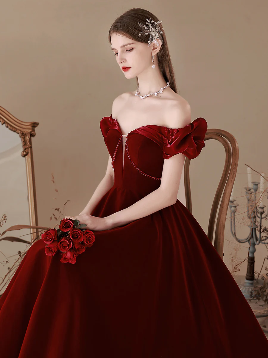 A-Line Off Shoulder Velvet Burgundy Long Prom Dresses, Burgundy Formal Evening Dress - Deanwangkt