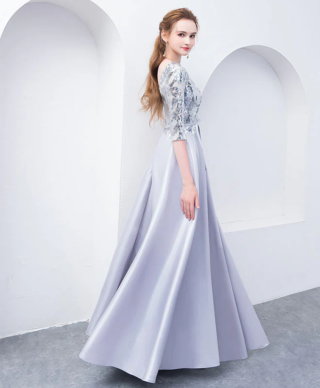 Gray V Neck Sequin Long Prom Dress, Gray Evening Dress - Deanwangkt