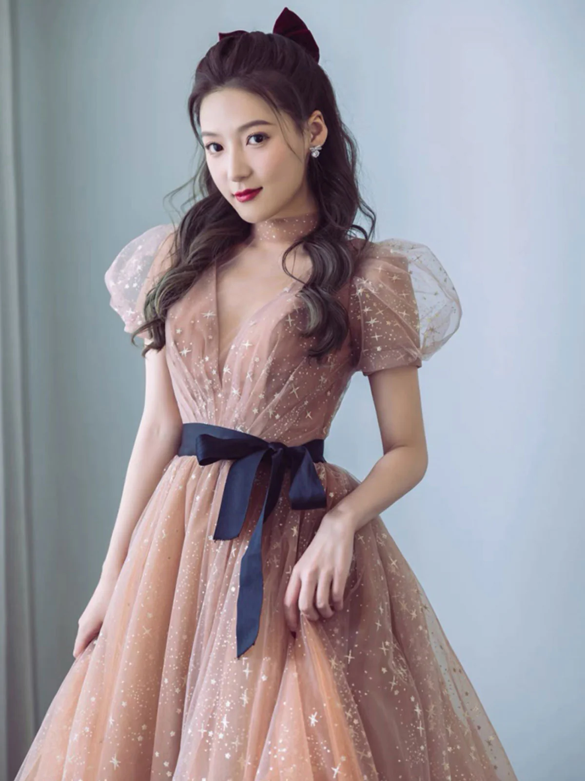 Simple Champagne V Neck Tulle Long Prom Dress, Champagne Evening Dresses - Deanwangkt