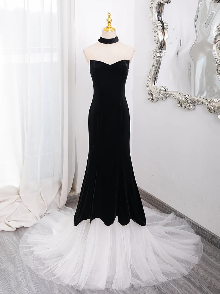 Mermaid Velvet Tulle Black Long Prom Dress, Black Long Formal Dress - Deanwangkt