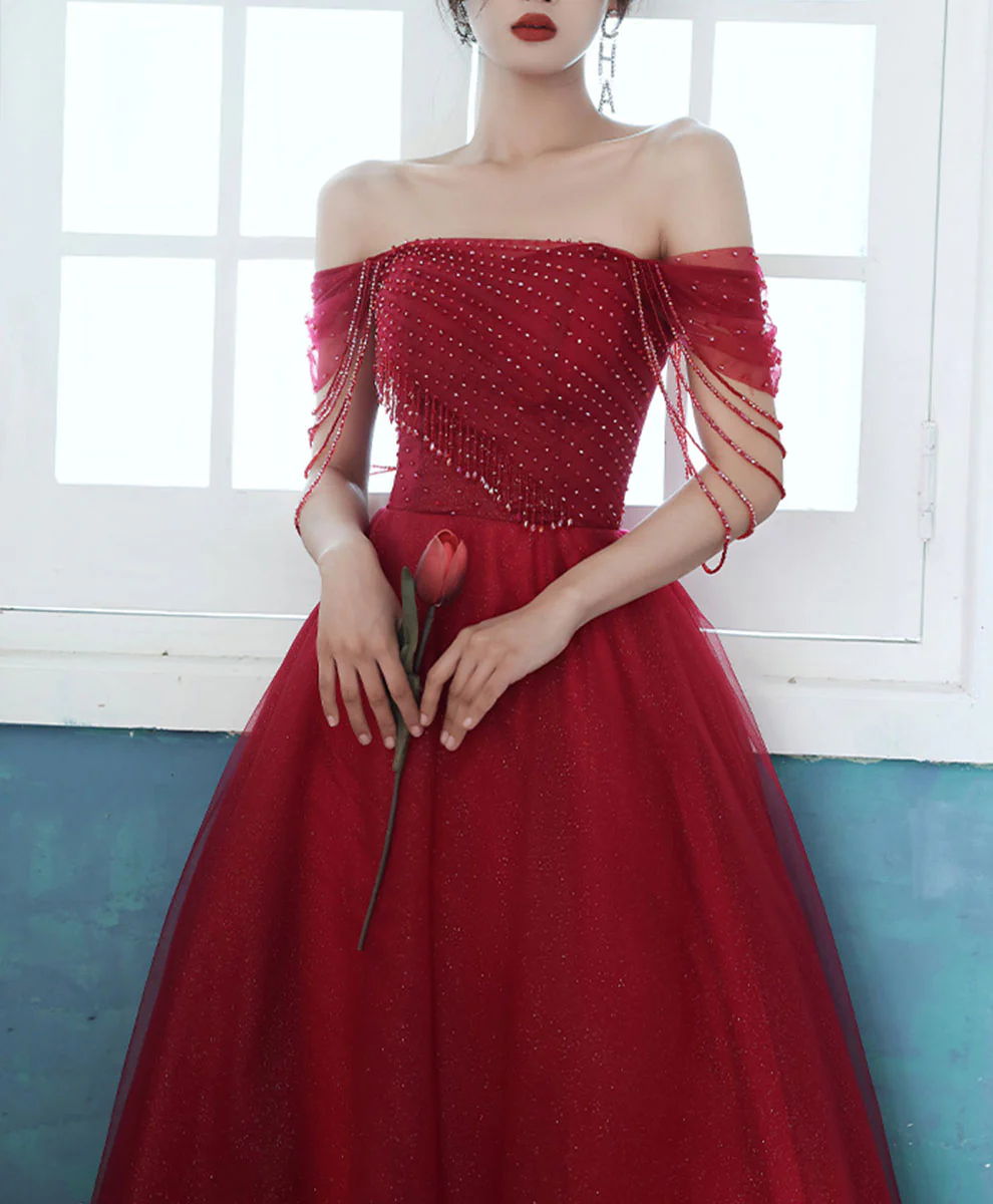 Burgundy Tulle Off Shoulder Long Prom Dress, Burgundy Graduation Dress with Beading - Deanwangkt