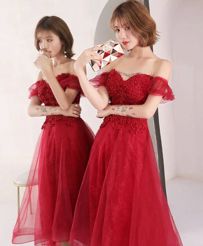 Burgundy Lace Short Prom Dress, Burgundy Evening Dress - Deanwangkt