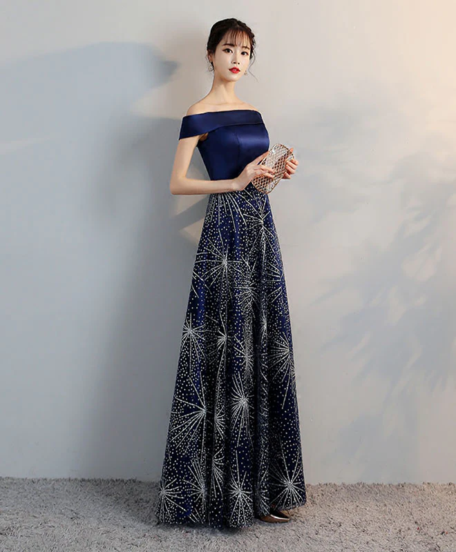 Blue Off Shoulder Long Prom Dress, Blue Evening Dress - Deanwangkt