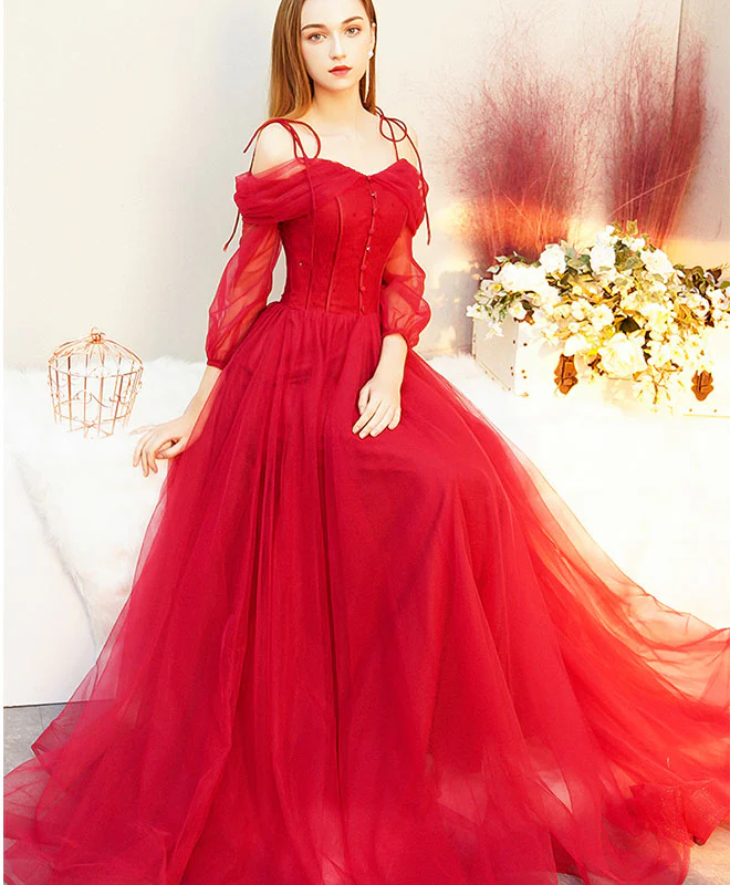 Red Tulle Long Prom Dress, Tulle Red Evening Dress - Deanwangkt