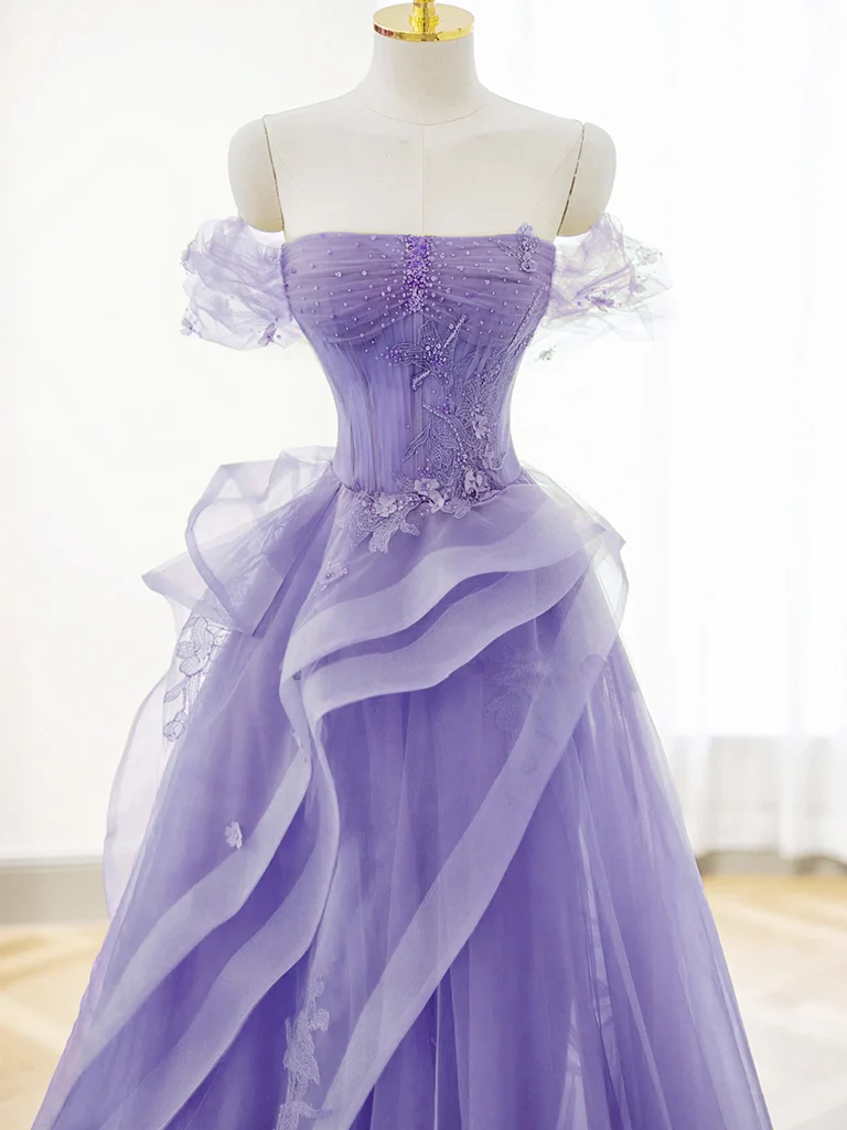 A-Line Off Shoulder Tulle Lace Purple Long Prom Dress, Purple Lace Long Formal Dress - Deanwangkt