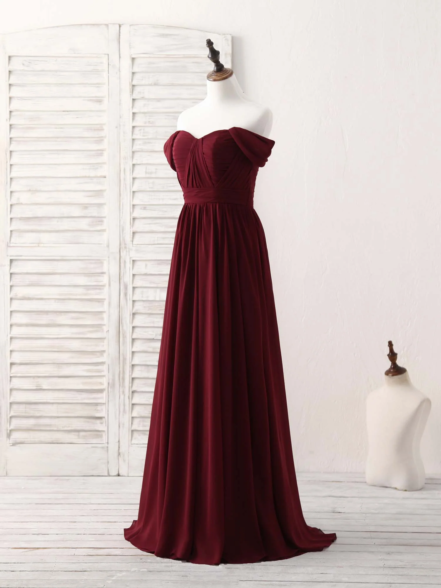 Burgundy Chiffon Off Shoulder Long Prom Dress Burgundy Bridesmaid Dress - Deanwangkt