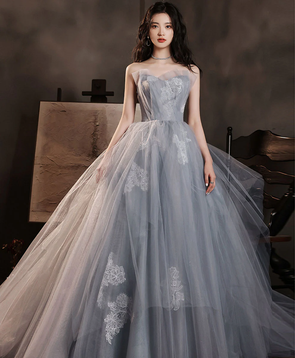 Gray Tulle Lace Long Prom Dress Gray Tulle Formal Dress - Deanwangkt