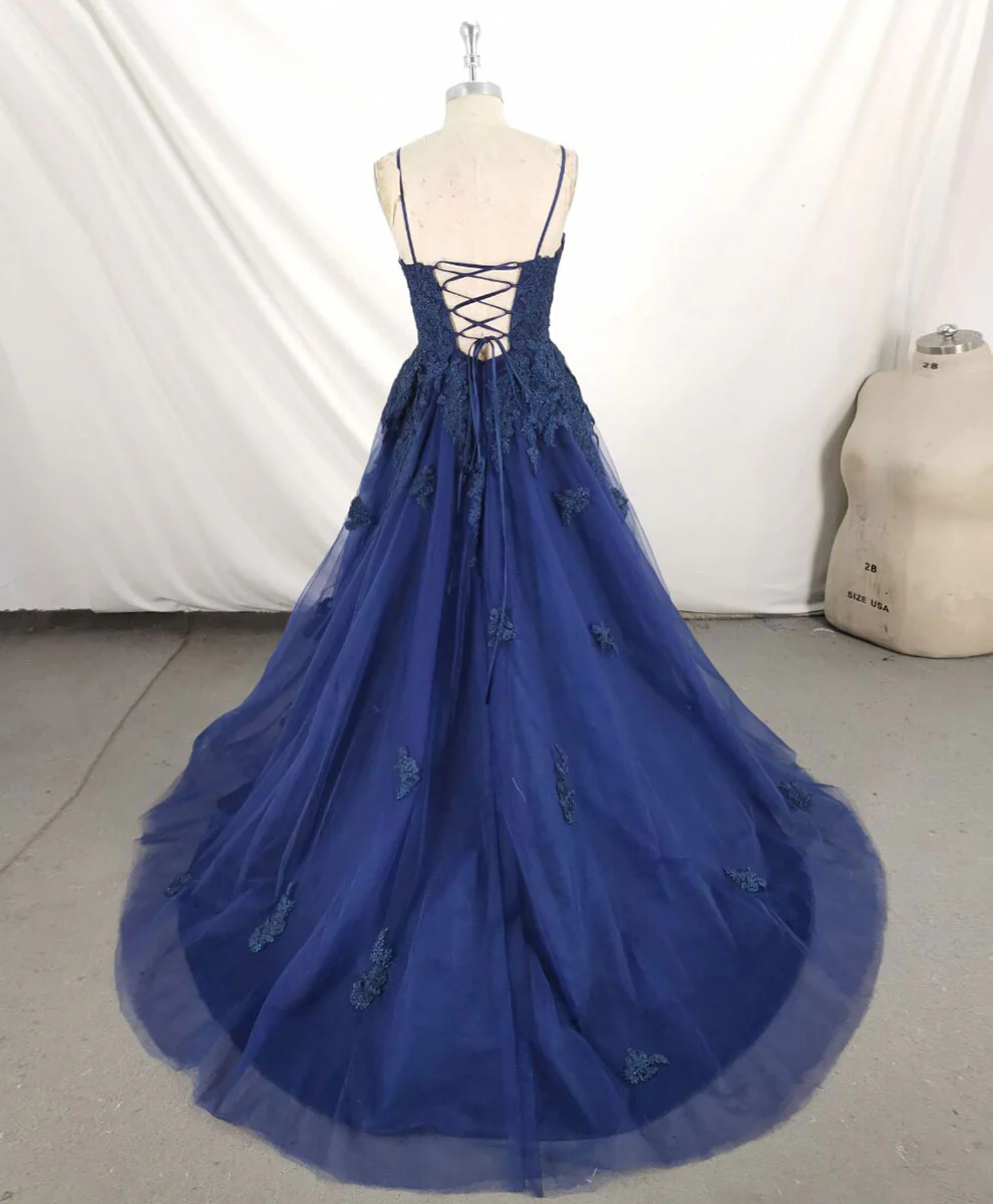 Dark Blue V Neck Tulle Lace Long Prom Dress Blue Lace Bridesmaid Dress - Deanwangkt