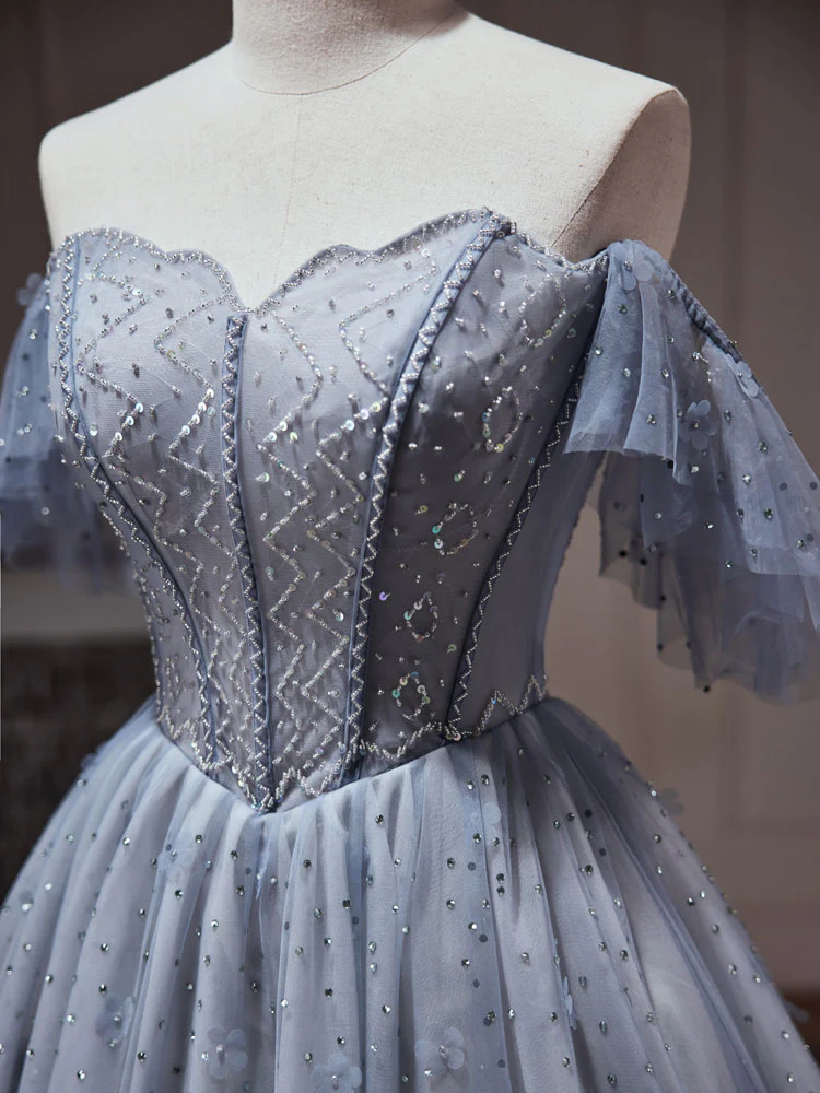 A-Line Gray Blue Tulle Short Prom Dress. Cute Gray Blue Homecoming Dress - Deanwangkt