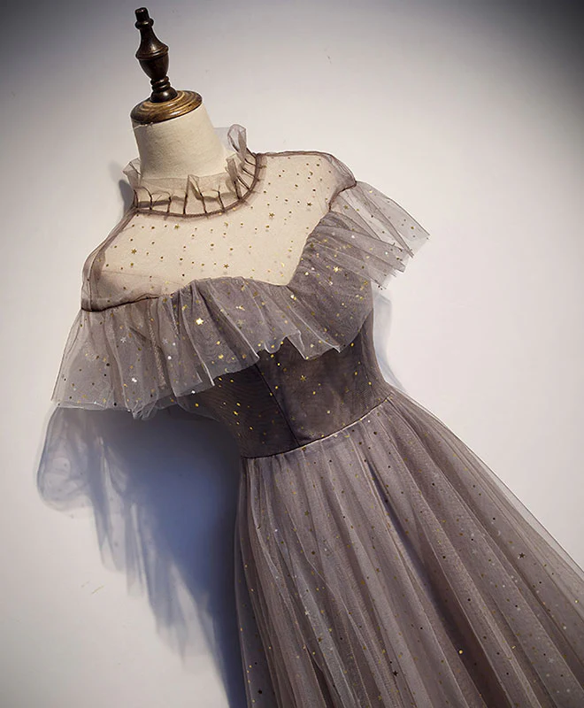 Unique Tulle Long Prom Dress, Tulle Gray Evening Dress - Deanwangkt