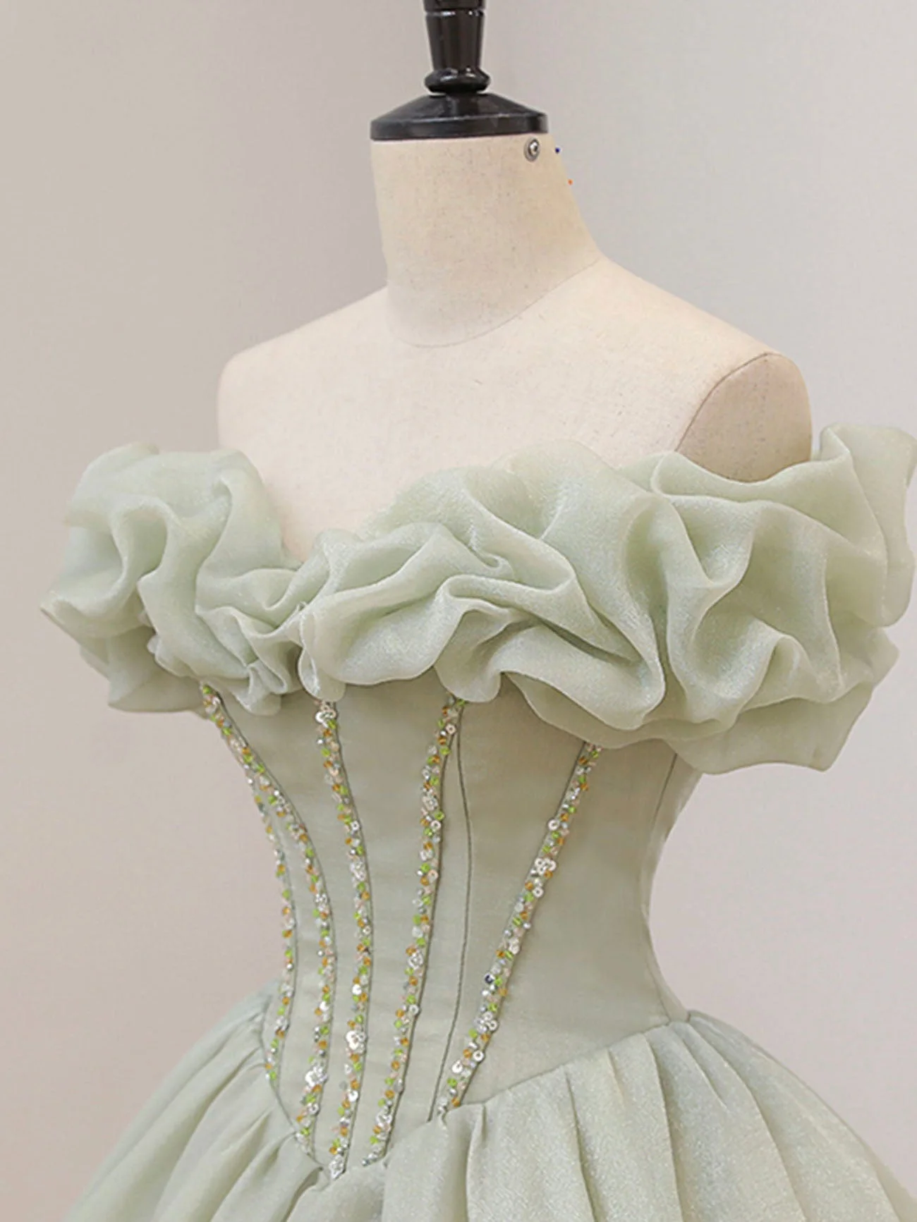 A-Line Off Shoulder Organza Green Short Prom Dress,Cute Homecoming Dress with Beads - Deanwangkt