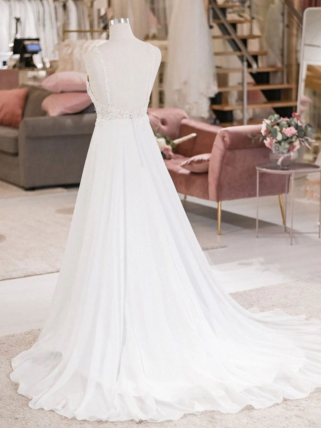 White V Neck Lace Chiffon Long Wedding Dress, Beach Wedding Dress - Deanwangkt