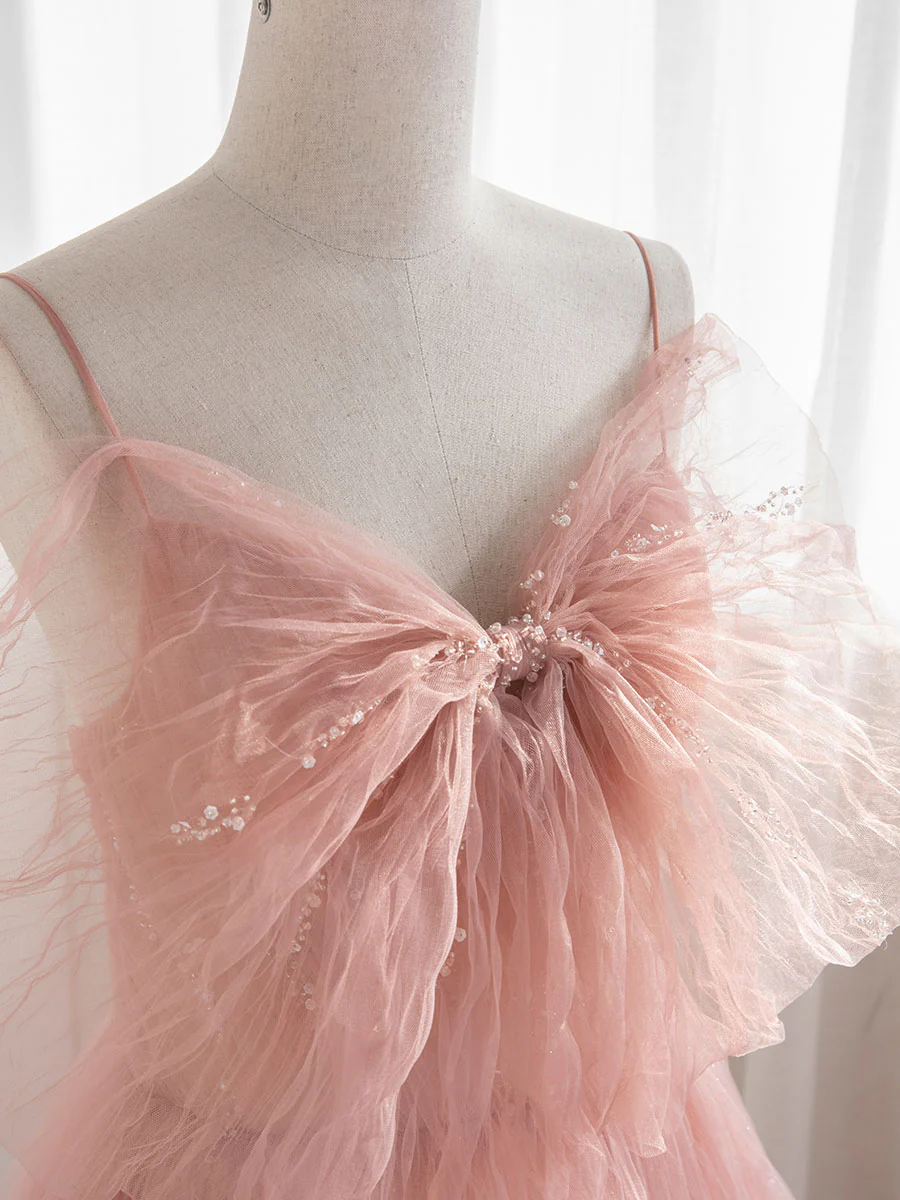 A-Line Pink Tulle Sequin Long Prom Dresses, Pink Formal Evening Dresses - Deanwangkt